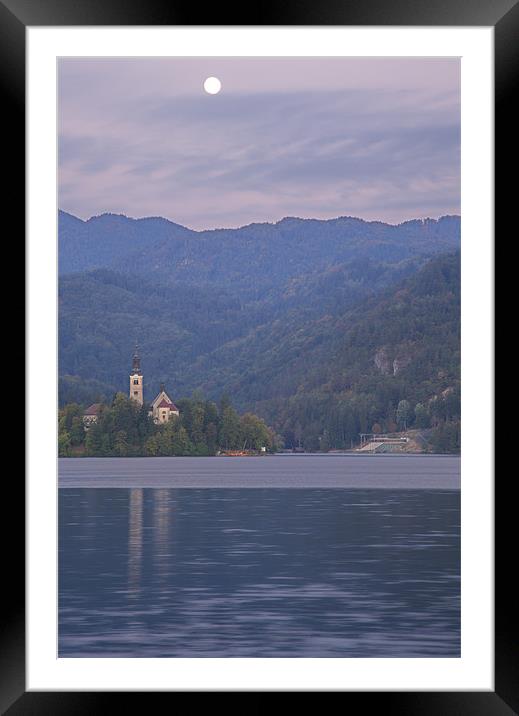 Moon setting at sunrise over Lake Bled Framed Mounted Print by Ian Middleton