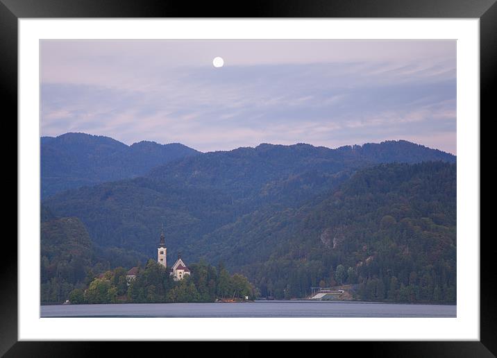 Moon setting at sunrise Lake Bled Framed Mounted Print by Ian Middleton