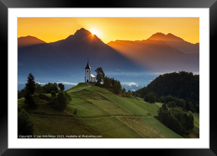Sunrise at Jamnik church of Saints Primus and Felician Framed Mounted Print by Ian Middleton