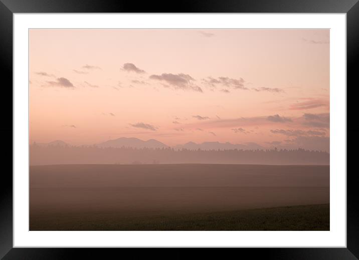 Misty fields at sunset Framed Mounted Print by Ian Middleton