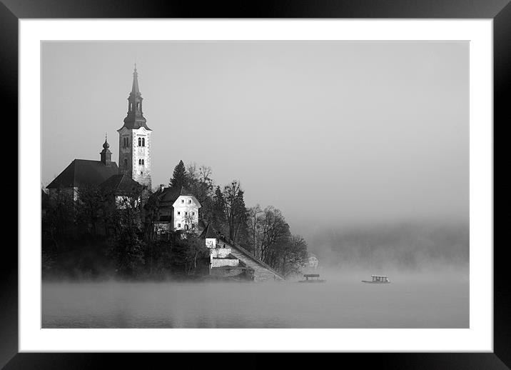 Misty Lake Bled in Black and White Framed Mounted Print by Ian Middleton