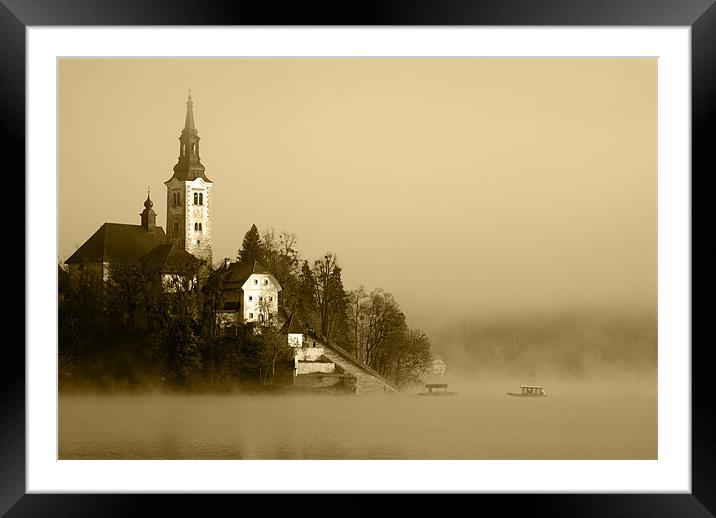 Misty Lake Bled in Sepia Framed Mounted Print by Ian Middleton