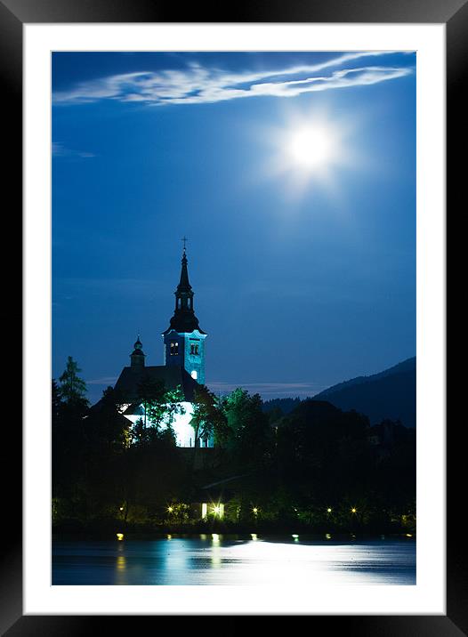 Supermoon over bled Island Church Framed Mounted Print by Ian Middleton