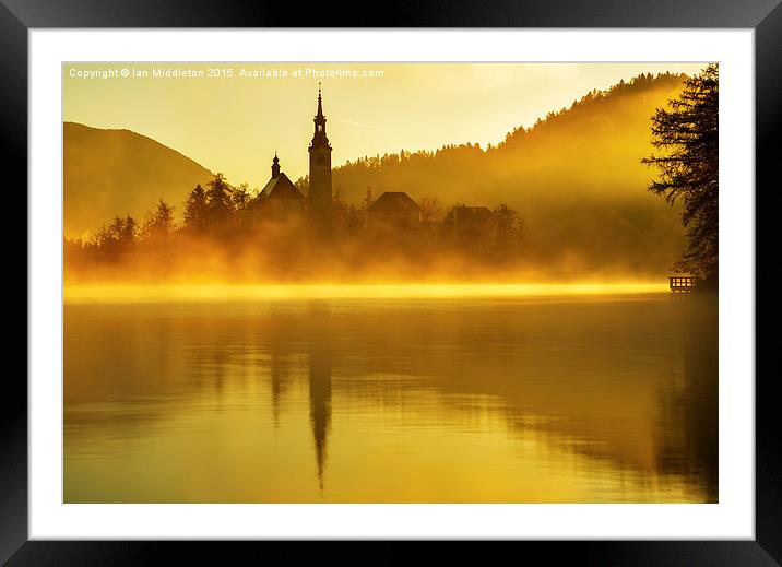 Misty Lake Bled at sunrise Framed Mounted Print by Ian Middleton