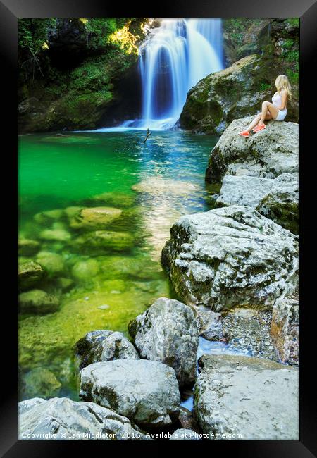 Girl watching the Sum Waterfall in Vintgar Gorge Framed Print by Ian Middleton