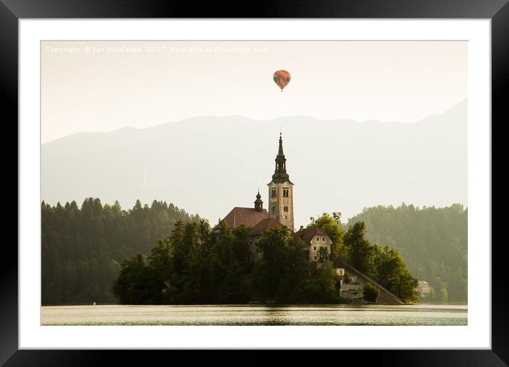 Hot air Balloon over Lake Bled and the Island chur Framed Mounted Print by Ian Middleton