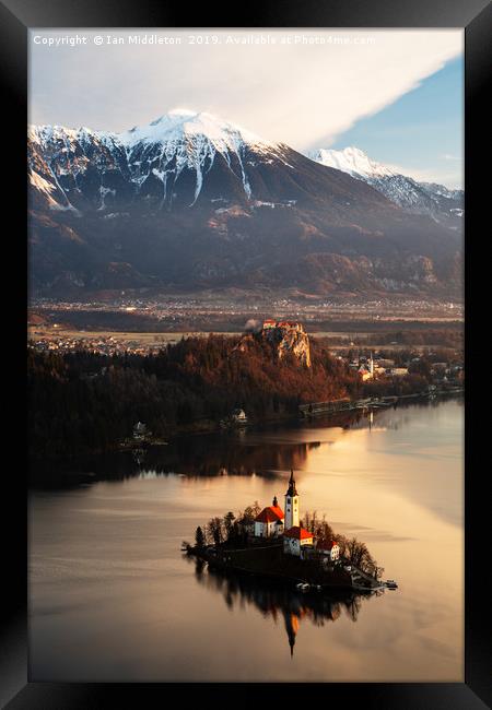 Morning view of Lake Bled from Mala Osojnica Framed Print by Ian Middleton