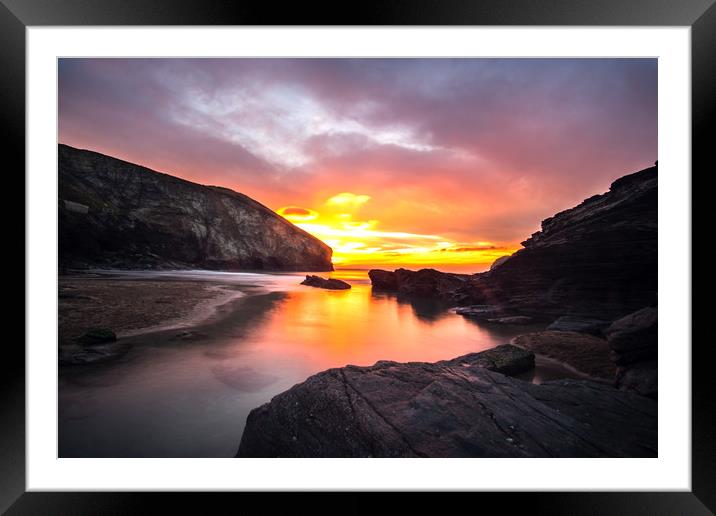 Trebarwith Strand Sunset Cornwall Framed Mounted Print by David Wilkins