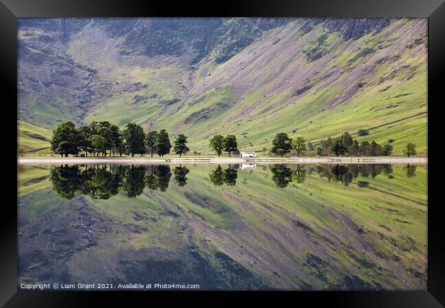 Trees and mountainside reflected in the surface of Buttermere la Framed Print by Liam Grant