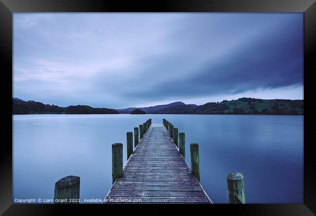 Jetty at dawn. Coniston Water, Cumbria, UK. Framed Print by Liam Grant