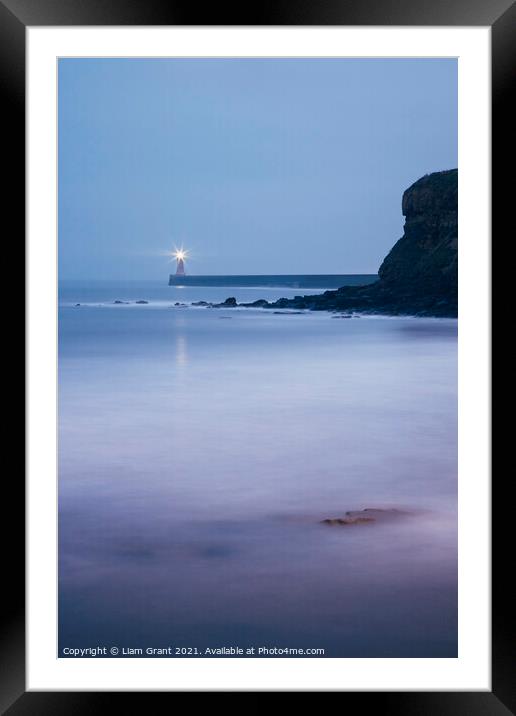 Lighthouse and breaking waves at dusk twilight. Tynemouth, North Framed Mounted Print by Liam Grant