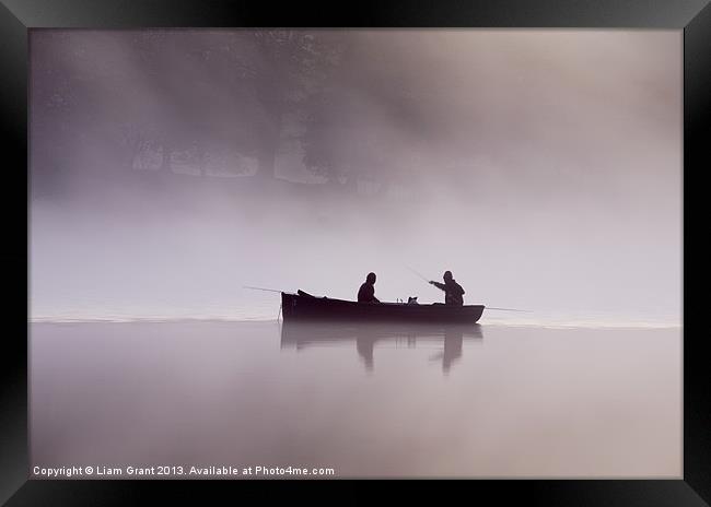 Fishing boat in dawn mist, Esthwaite Water, Lake D Framed Print by Liam Grant