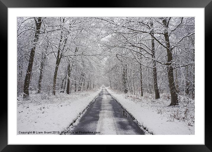 Remote snow covered road through Beech woodland. Framed Mounted Print by Liam Grant