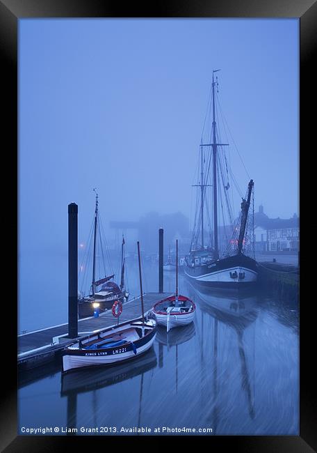 Fog over harbour at dawn, Wells-next-the-sea. Framed Print by Liam Grant