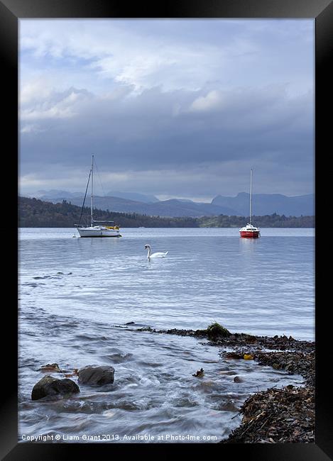 Boats on Lake Windermere with Langdale Pikes beyon Framed Print by Liam Grant