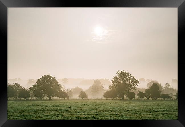 Sunrise burning through heavy fog over countryside Framed Print by Liam Grant