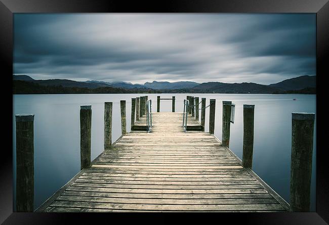Jetty on Lake Windermere with Langdale Pikes beyon Framed Print by Liam Grant