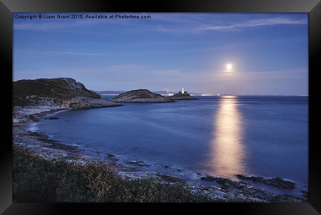Full moon and lighthouse at Mumbles Head. Wales, U Framed Print by Liam Grant