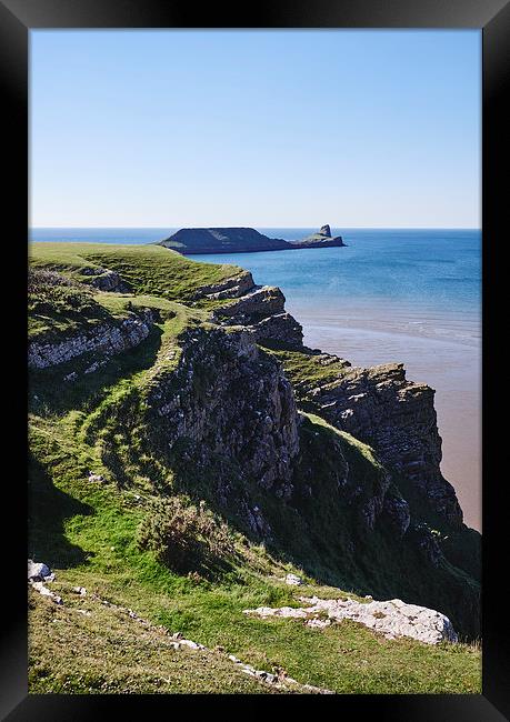 Worms Head from Rhossili. Wales, UK. Framed Print by Liam Grant
