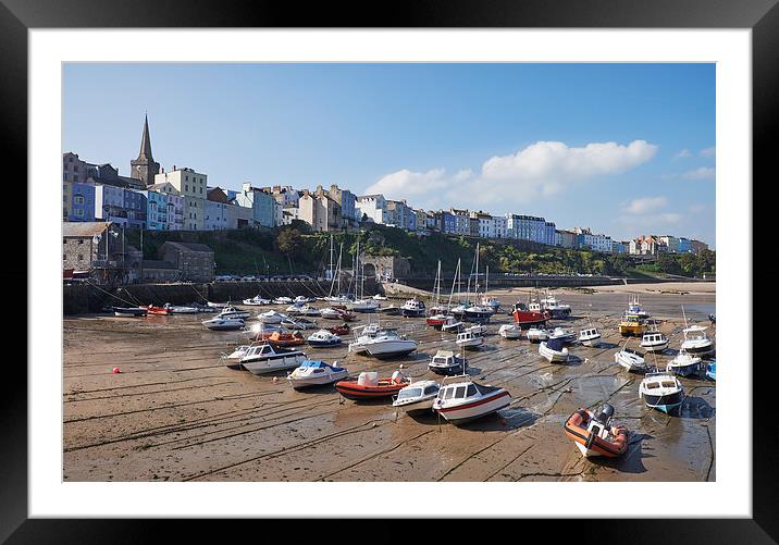 Boats in Tenby Harbour at low tide. Wales, UK. Framed Mounted Print by Liam Grant