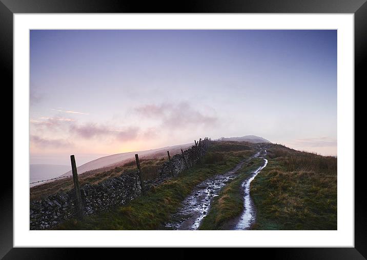 Mountain path and fence at sunset. Derbyshire, UK. Framed Mounted Print by Liam Grant