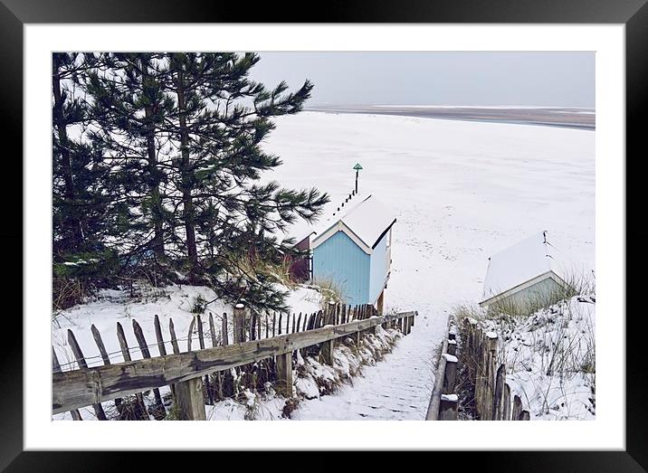 Steps and beach huts covered in snow. Wells-next-t Framed Mounted Print by Liam Grant