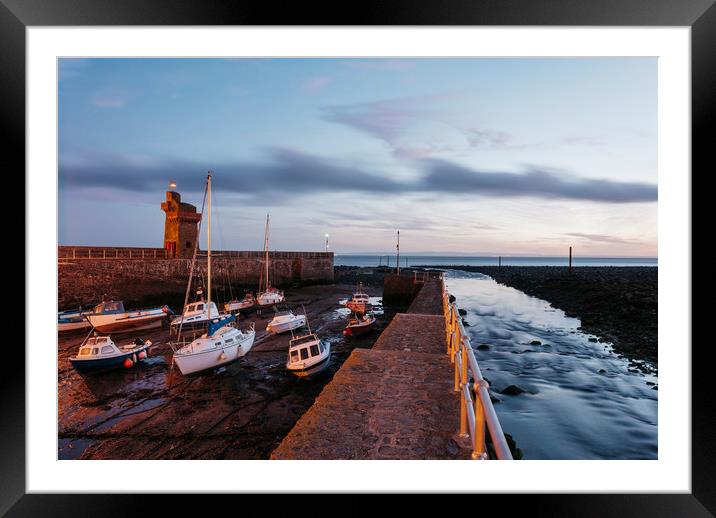 Boats in Lynmouth Harbour at dawn twilight. Devon, Framed Mounted Print by Liam Grant