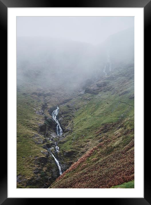 Moss Force waterfall in cloud. Newlands Hause, Cum Framed Mounted Print by Liam Grant