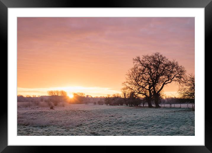 Frost covered field at sunrise. Cressingham, Norfo Framed Mounted Print by Liam Grant