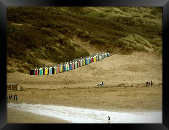 Colourful Beach huts on Saunton Sands  Framed Print by graham young