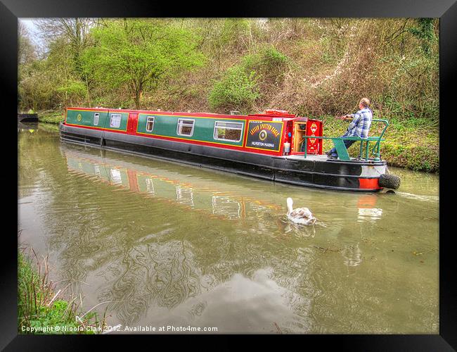 Serene Reflections of a Traditional Narrowboat Framed Print by Nicola Clark