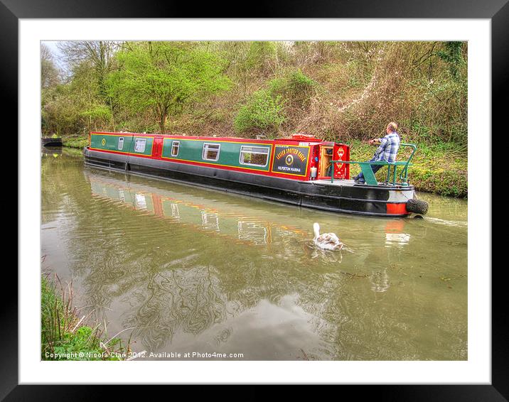Serene Reflections of a Traditional Narrowboat Framed Mounted Print by Nicola Clark