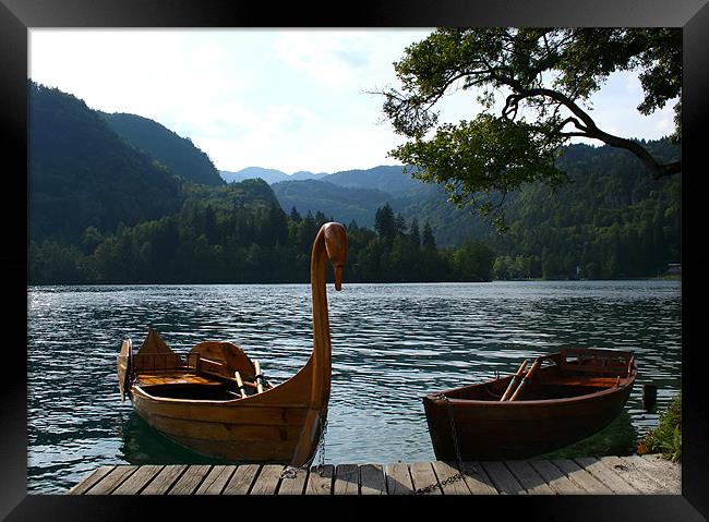Lake Bohinj, Slovenia, boats Framed Print by Raymond Gilbert