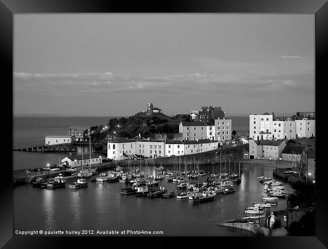 Tenby Night Harbour.Black+White. Framed Print by paulette hurley