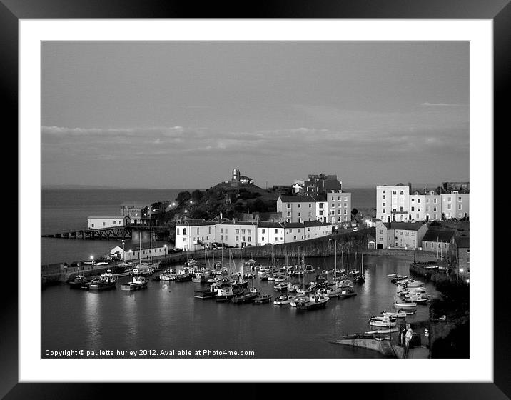 Tenby Night Harbour.Black+White. Framed Mounted Print by paulette hurley