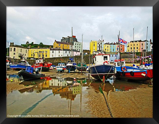 Tenby Harbour.Reflection Boats. Framed Print by paulette hurley