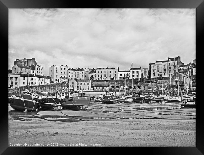 Tenby Harbour. Fishing Boats. B+W. Framed Print by paulette hurley