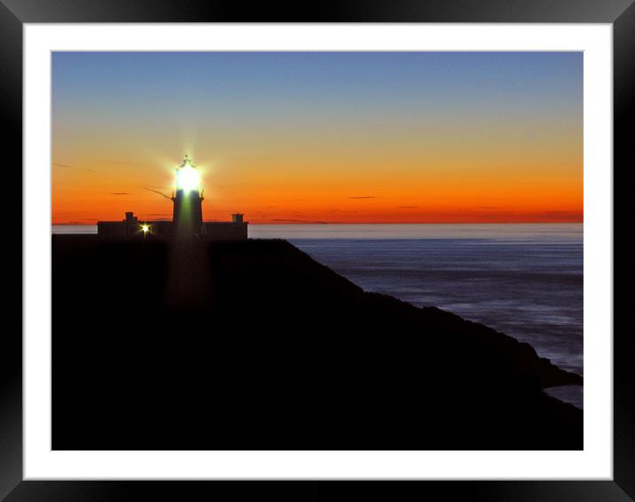 Strumble Head Lighthouse Silhouette. Fishguard. Framed Mounted Print by paulette hurley