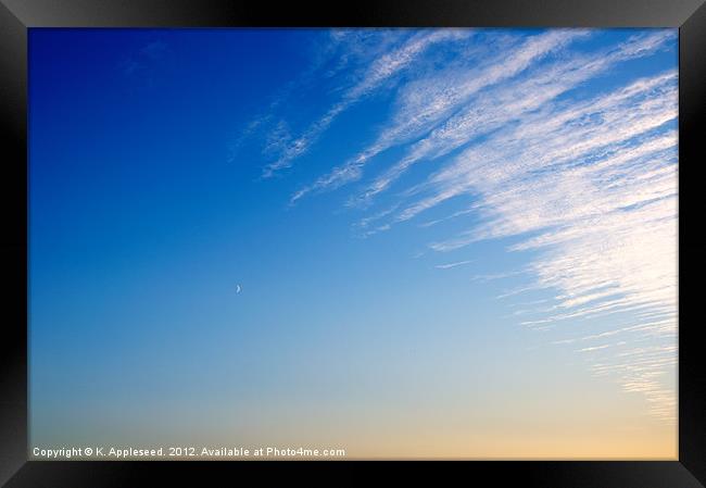 Crescent Moon, Clouds and Blue sky. Framed Print by K. Appleseed.