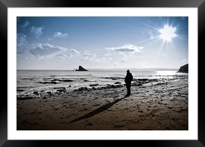 Meadfoot Beach Man long Shadow Framed Mounted Print by K. Appleseed.