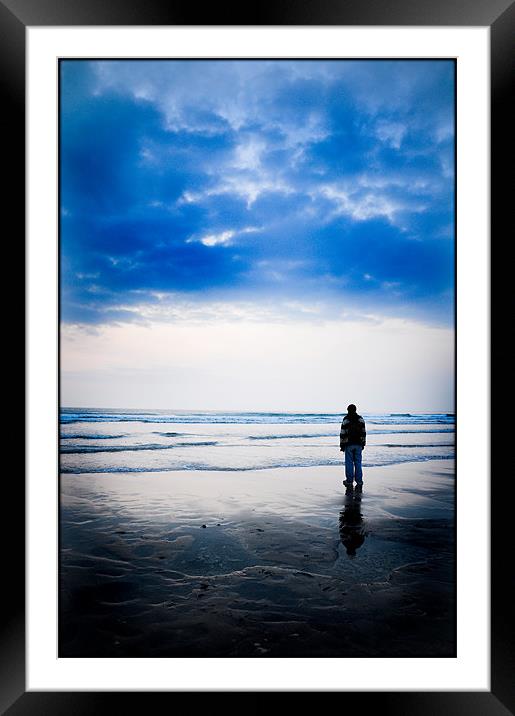 Perranporth beach with figure.. Framed Mounted Print by K. Appleseed.