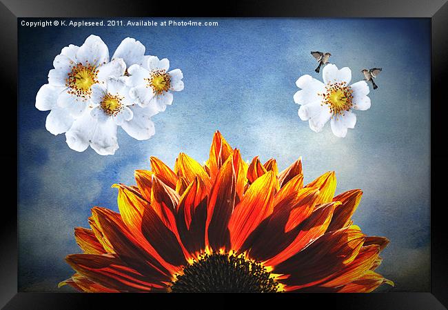 You are my sunshine, (Sunflower Dogrose and Birds) Framed Print by K. Appleseed.