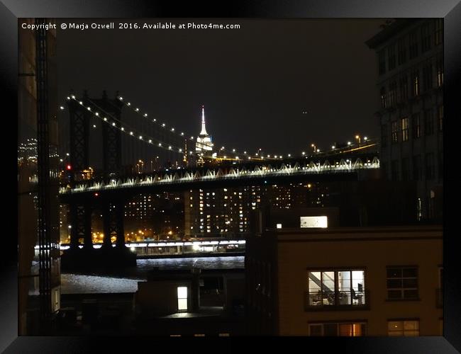 Manhattan Bridge and Empire State Building at nigh Framed Print by Marja Ozwell