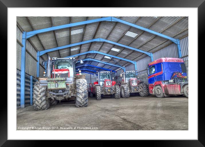 Tractors in Barn Framed Mounted Print by Allan Briggs