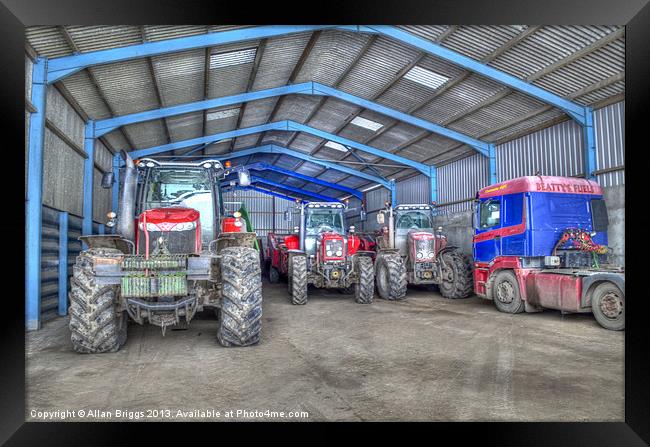 Tractors in Barn Framed Print by Allan Briggs