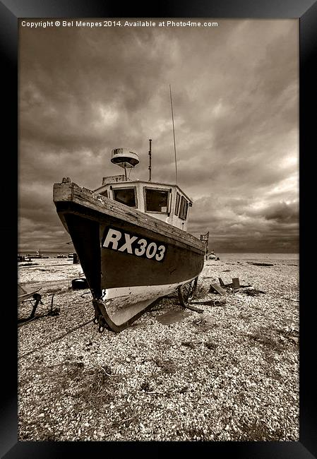 Dungeness Boat under Cloudy Skies Framed Print by Bel Menpes