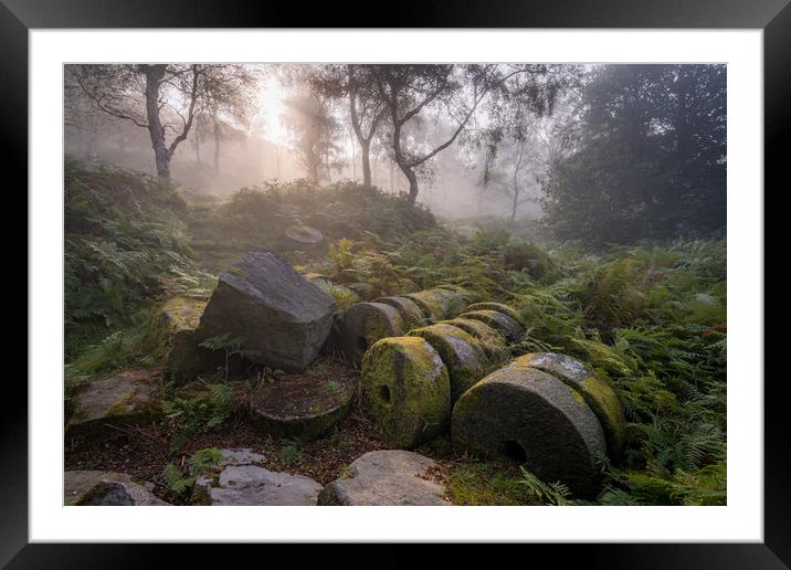 Bolehill Millstones in the Mist  Framed Mounted Print by James Grant