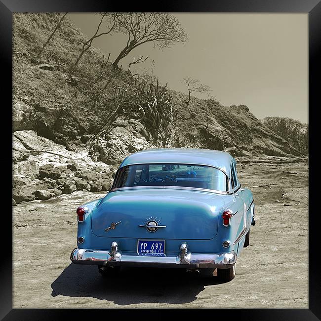 Antique Auto on Rock at Playa Pelada Framed Print by james balzano, jr.