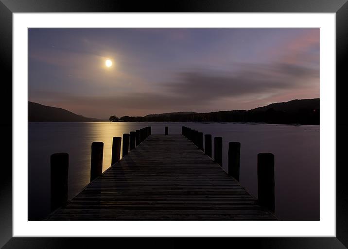 Coniston Pier in Moonlight Framed Mounted Print by Pete Hemington