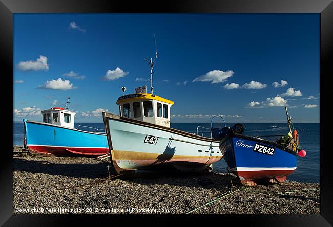 Fishing boats beached at Beer Framed Print by Pete Hemington